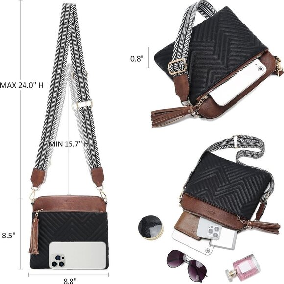 Brand New Crossbody Bag 8.8in Black Brown Zipper - Picture 2 of 6